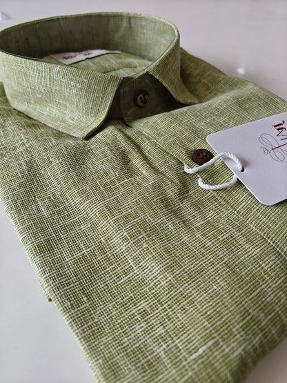 Mint green linen blend shirt collar and textured fabric detail