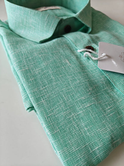 Aqua green linen-blend shirt fabric texture close-up by Kargham