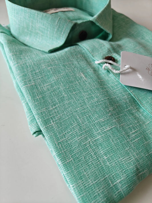 Aqua Green-Linen Blended Half Shirt