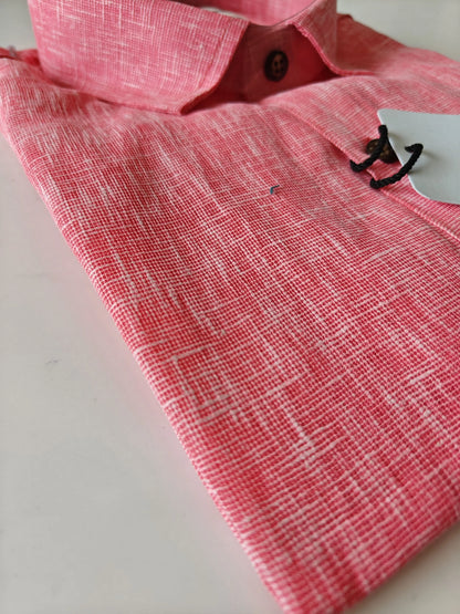 Close-up of pink linen-blend textured fabric on Kargham half sleeve shirt