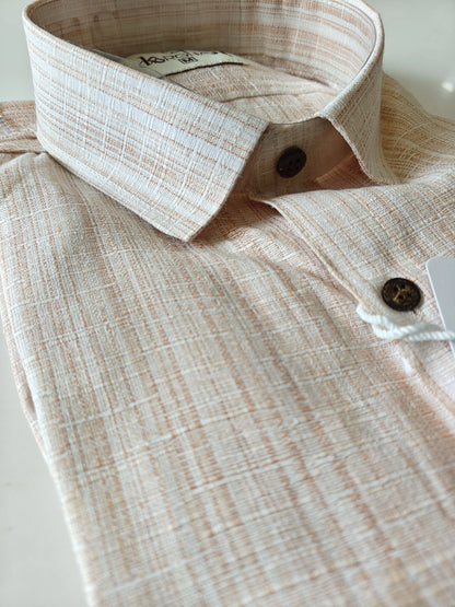 Rustic textured handloom cotton fabric of orange men's half sleeve shirt