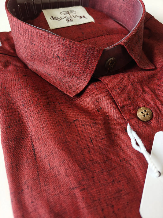 Dark red slub cotton half sleeves shirt