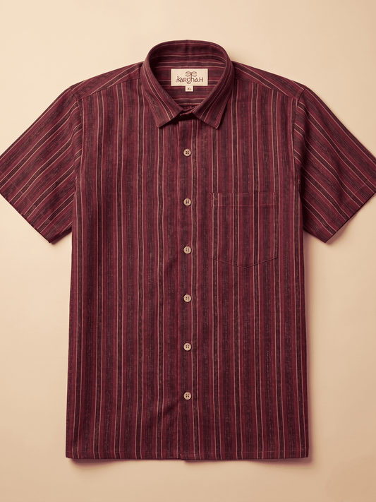 Maroon Breeze Stripe Khadi Shirt for Men | Half Sleeves Cotton Shirt