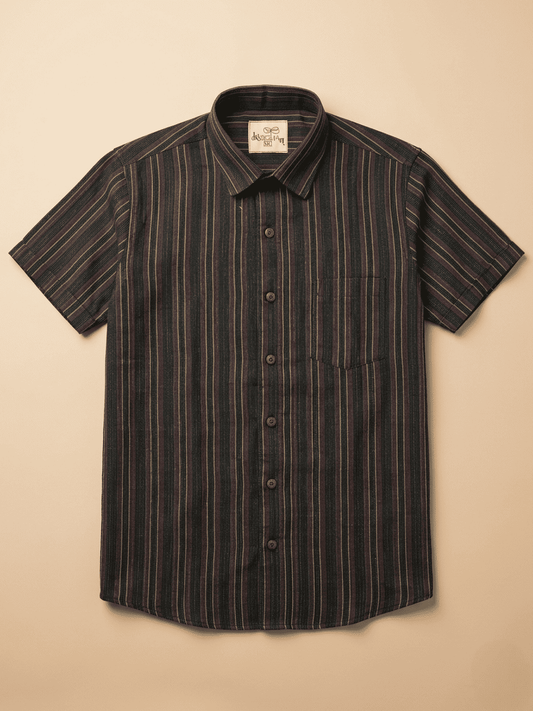 Black Breeze Stripe Khadi Shirt for Men | Half Sleeves Cotton Shirt