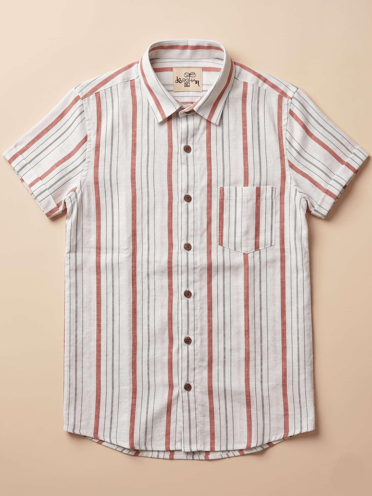 Red Line White Base Khadi Cotton Shirt for Men | Half Sleeves