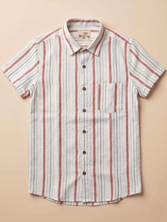 Red Line White Base Khadi Cotton Shirt for Men | Half Sleeves