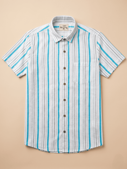 Blue Line White Base Khadi Cotton Shirt for Men | Half Sleeves