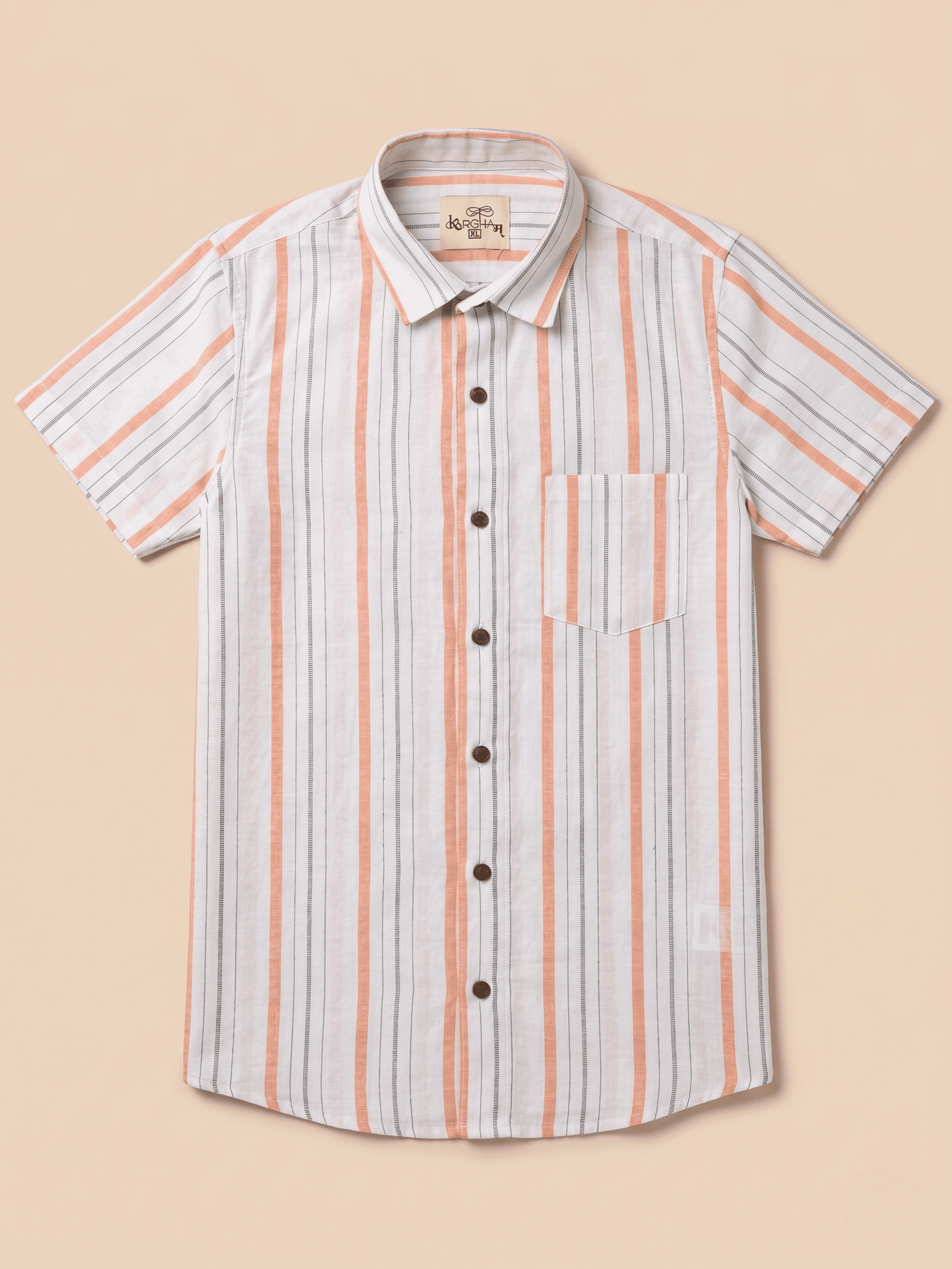 Orange Line White Base Khadi Cotton Shirt for Men | Half Sleeves