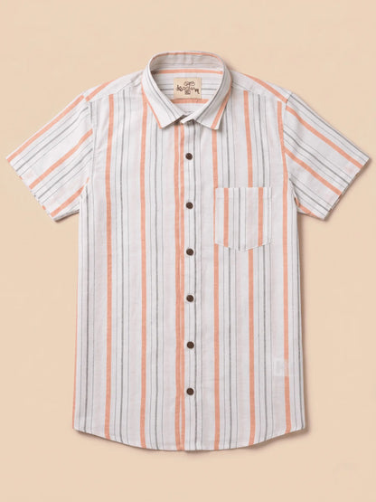 Orange-White Base Half Sleeve Handloom Cotton Shirt for Men by Kargham