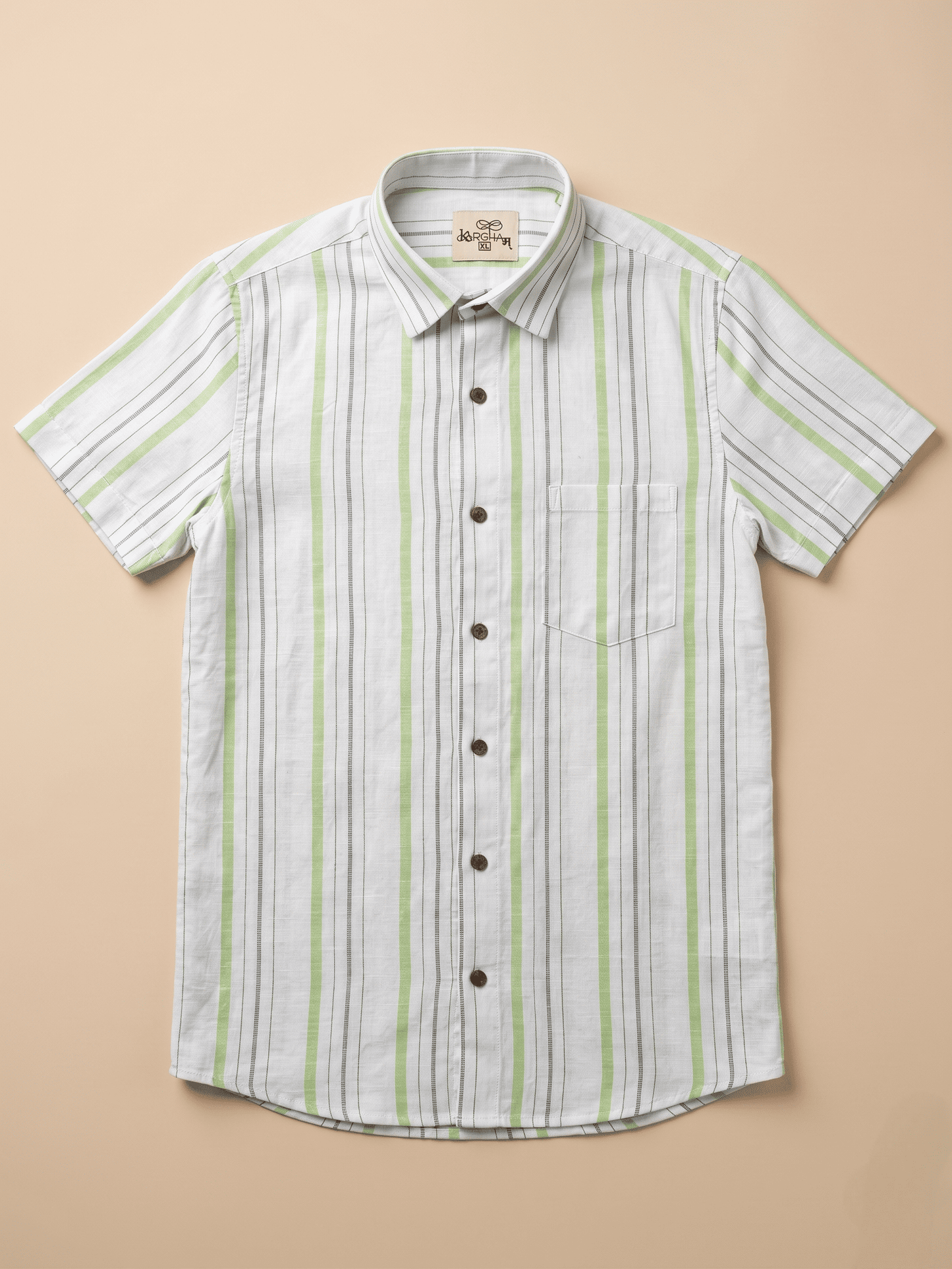 Green Line White Base Khadi Cotton Shirt for Men | Half Sleeves