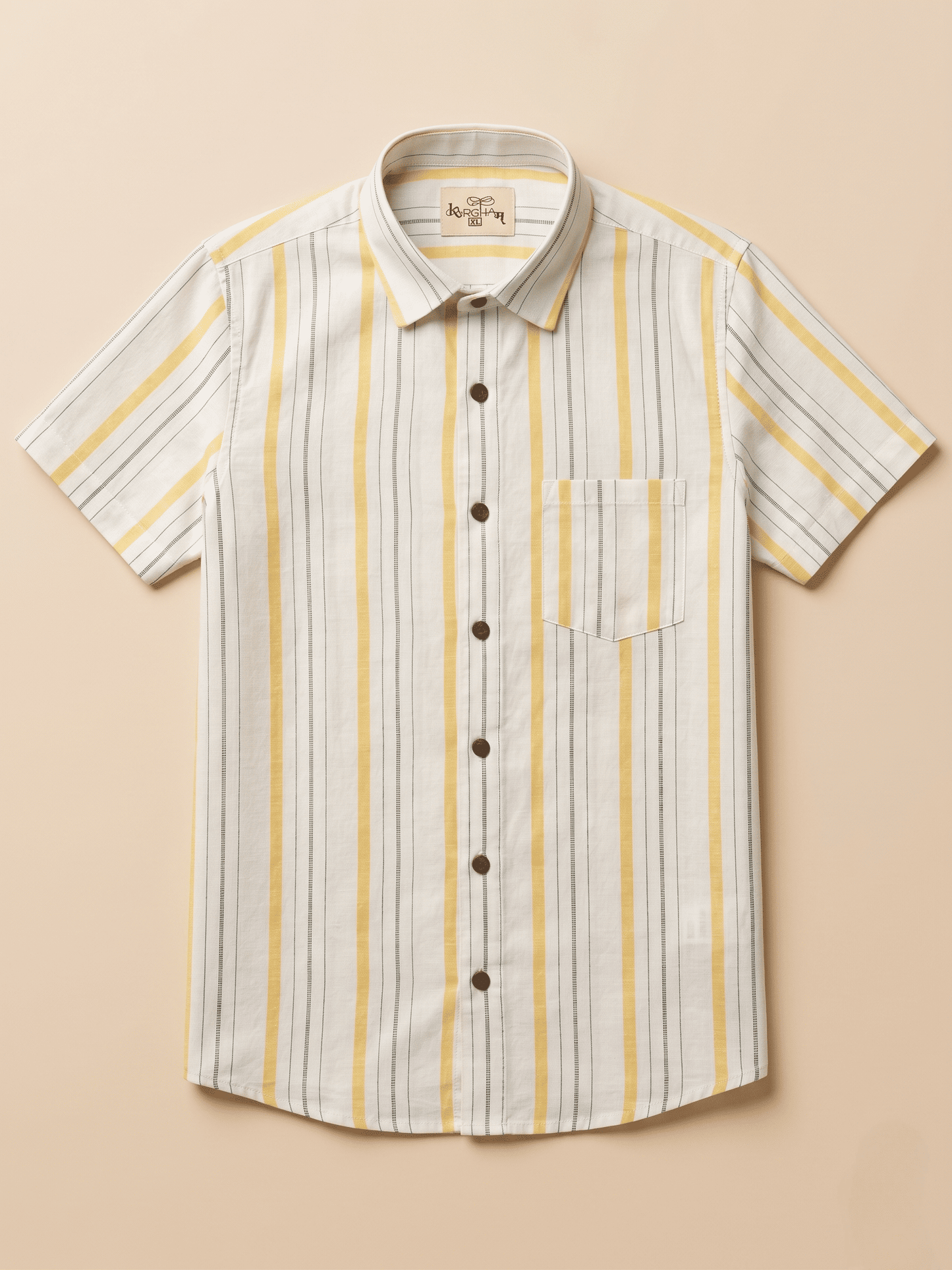 Yellow Line White Base Khadi Cotton Shirt for Men | Half Sleeves