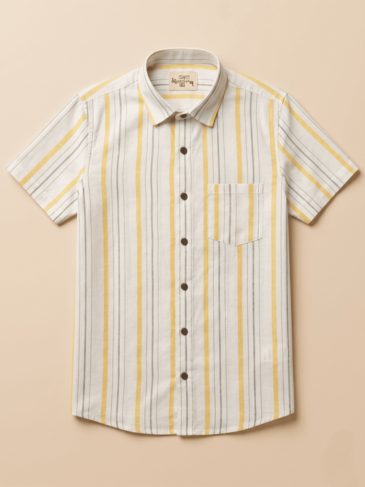 Yellow Line White Base Khadi Cotton Shirt for Men | Half Sleeves