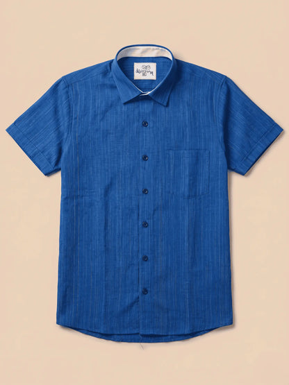 Blue Threadline Handloom Cotton Half Sleeves Shirt for Men by Kargham