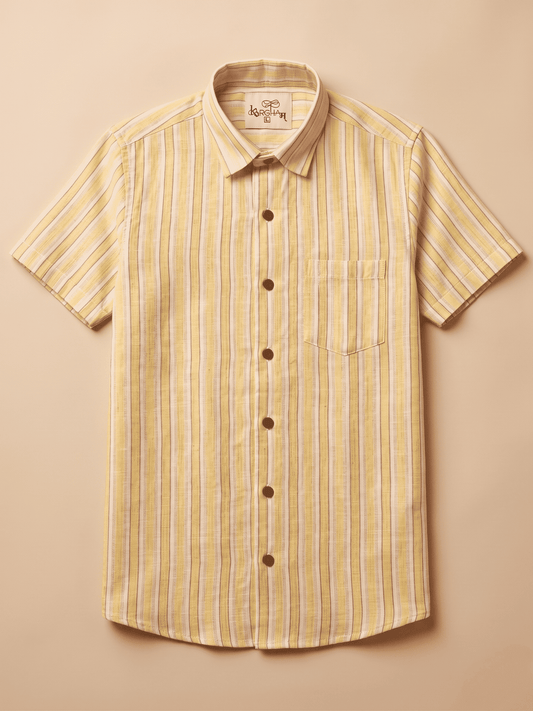 Yellow-White Stripped Khadi Cotton Shirt for Men | Half Sleeves