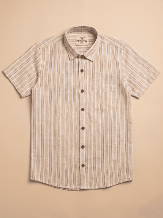 Skin-White Stripped Khadi Cotton Shirt for Men | Half Sleeves