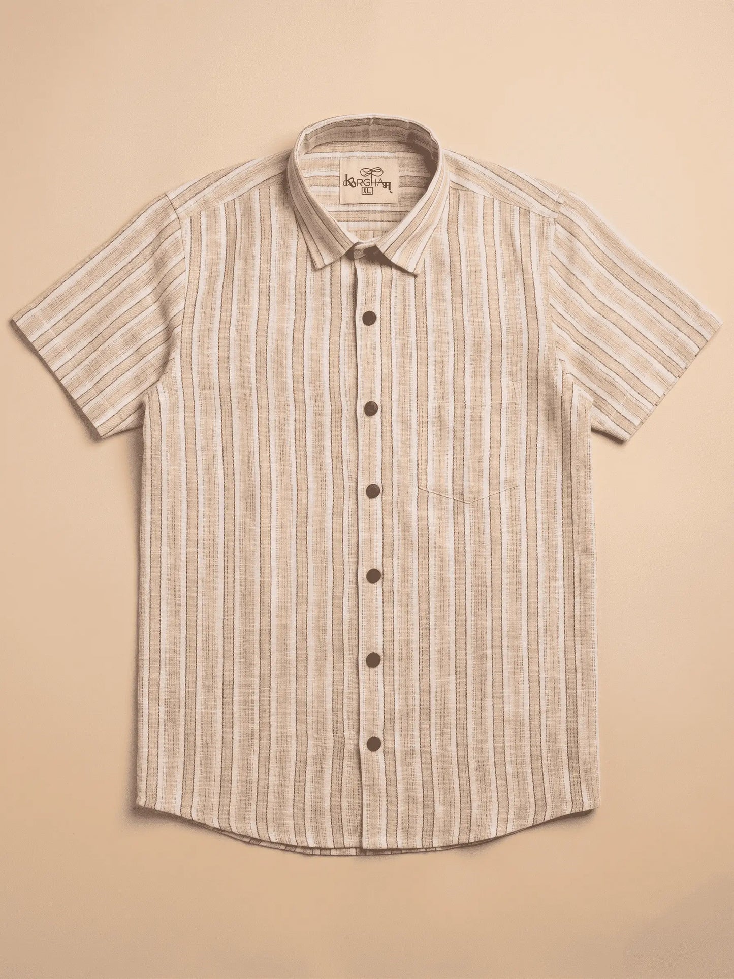 Beige-White Stripped Cotton Shirt for Men | Half Sleeves
