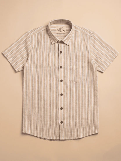 Beige-White Stripped Cotton Shirt for Men | Half Sleeves