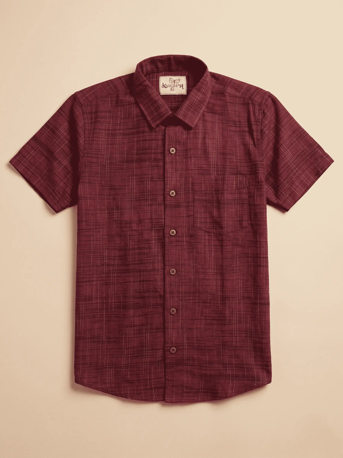 Red Dark Jharna Half Sleeves Cotton Shirt for Men by Kargham in textured handloom cotton fabric