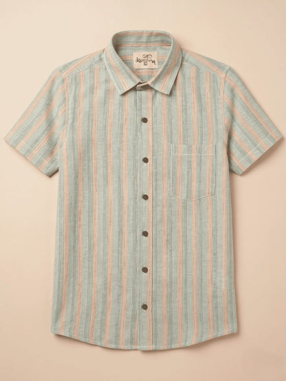 Green Wide Striped Cotton Half Sleeve Shirt for Men by Kargham