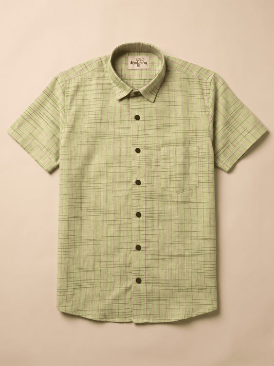Green Golden Stripped Khadi Shirt for Men | Half Sleeves Cotton Shirt