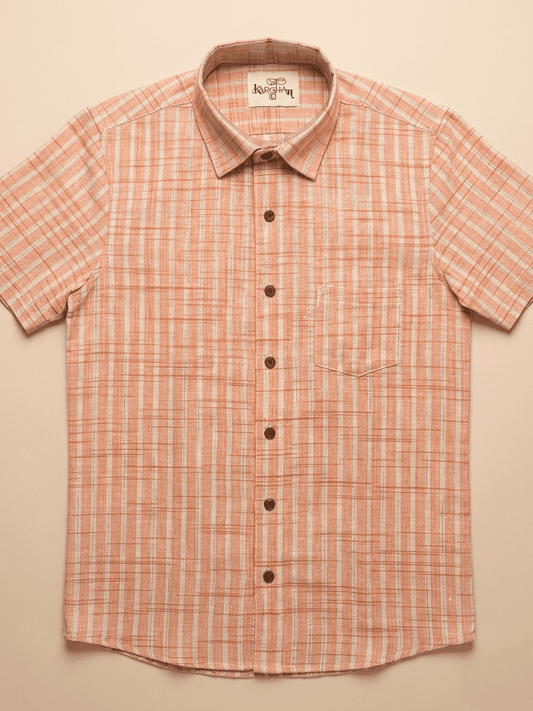 Orange Golden Stripped Khadi Shirt for Men | Half Sleeves Cotton Shirt