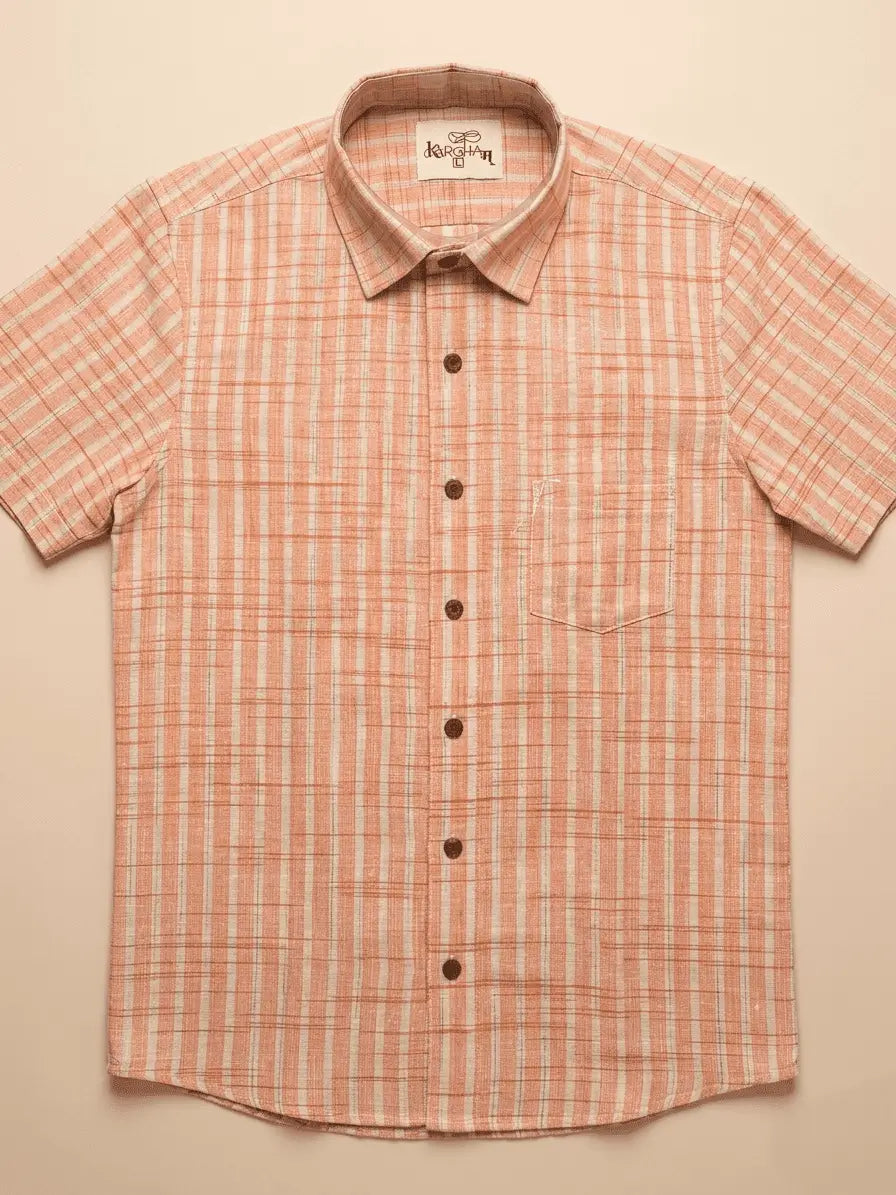 Orange Golden Stripped Shirt for Men | Half Sleeves Cotton Shirt