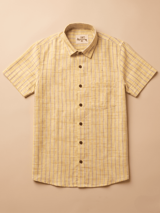 Yellow Golden Stripped Khadi Shirt for Men | Half Sleeves Cotton Shirt