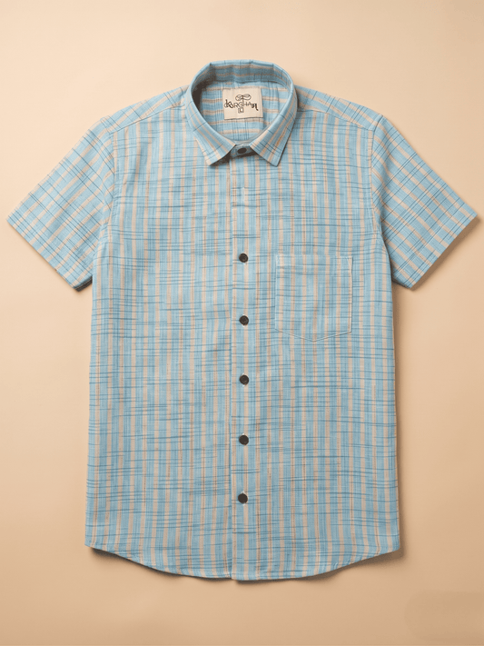 Blue Golden Stripped Khadi Shirt for Men | Half Sleeves Cotton Shirt