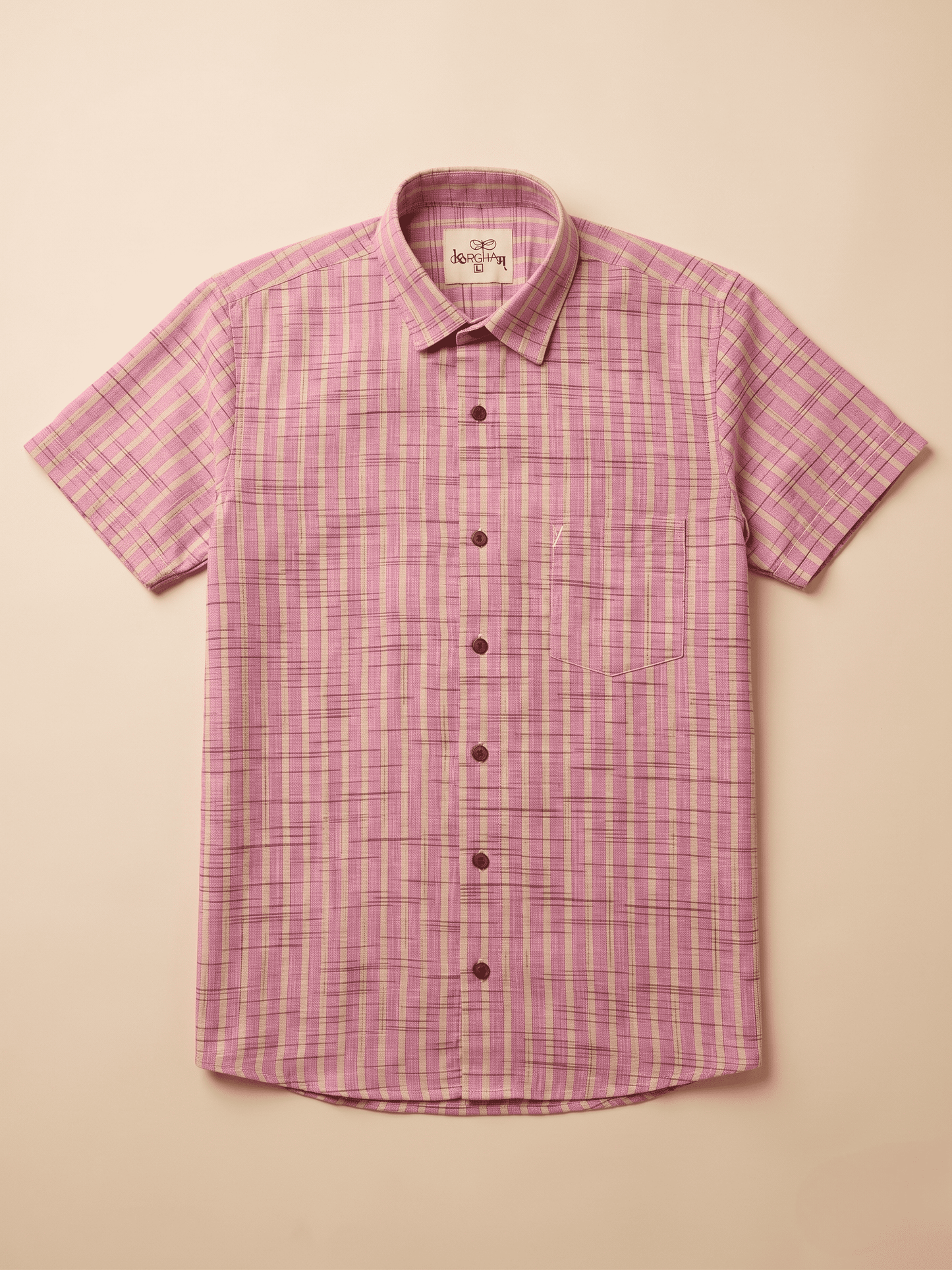 Pink Golden Stripped Khadi Shirt for Men | Half Sleeves Cotton Shirt