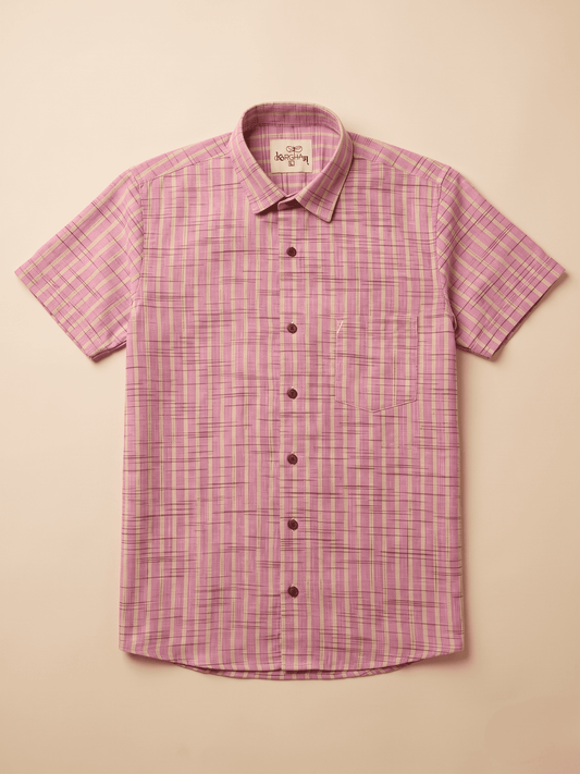 Pink Golden Stripped Khadi Shirt for Men | Half Sleeves Cotton Shirt