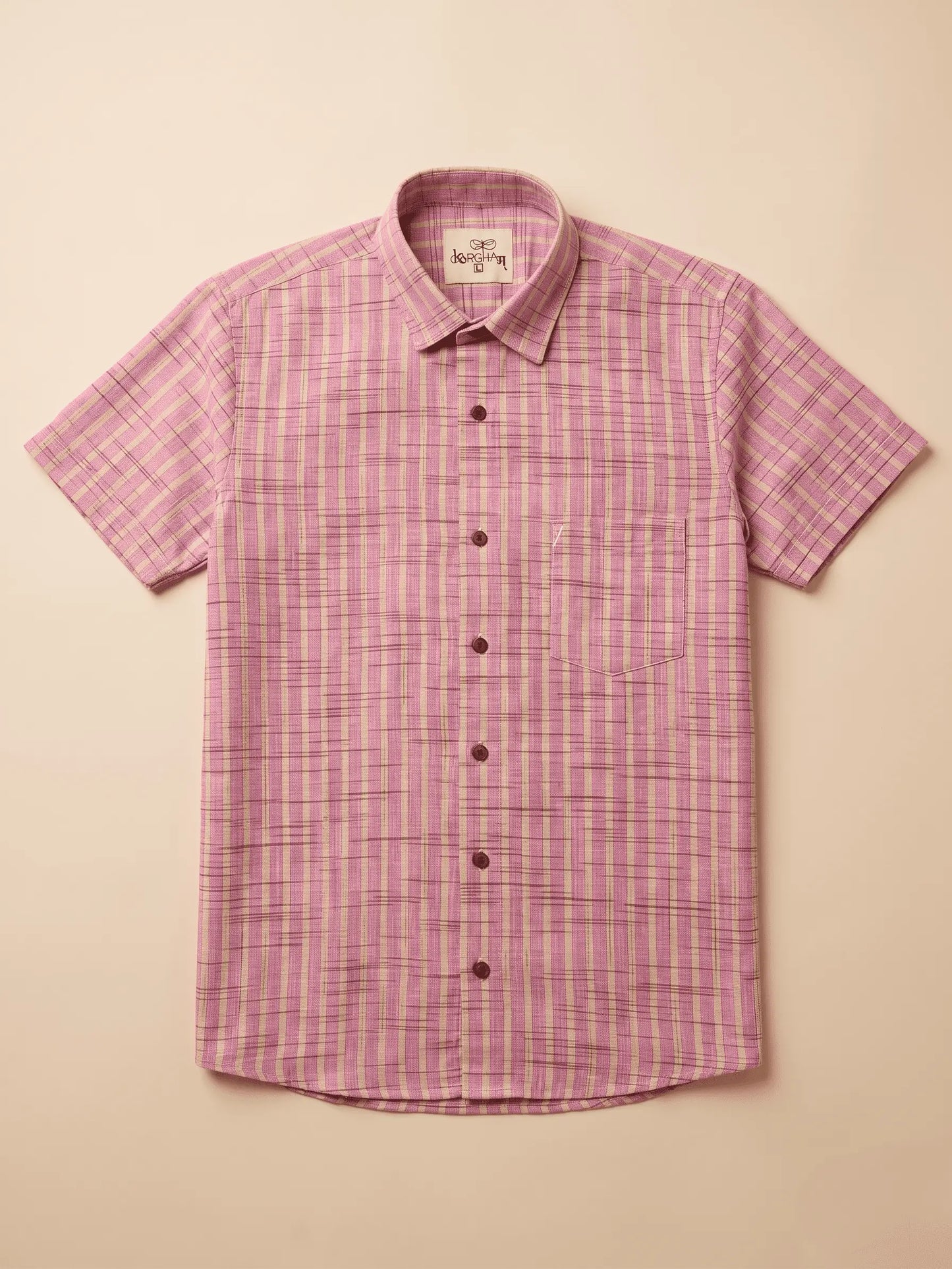 Pink Golden Stripped Shirt for Men | Half Sleeves Cotton Shirt