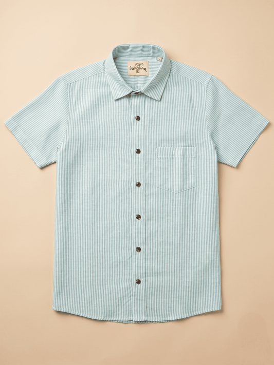 Sky Blue Loom Stripped Khadi Cotton Shirt for Men | Half Sleeves