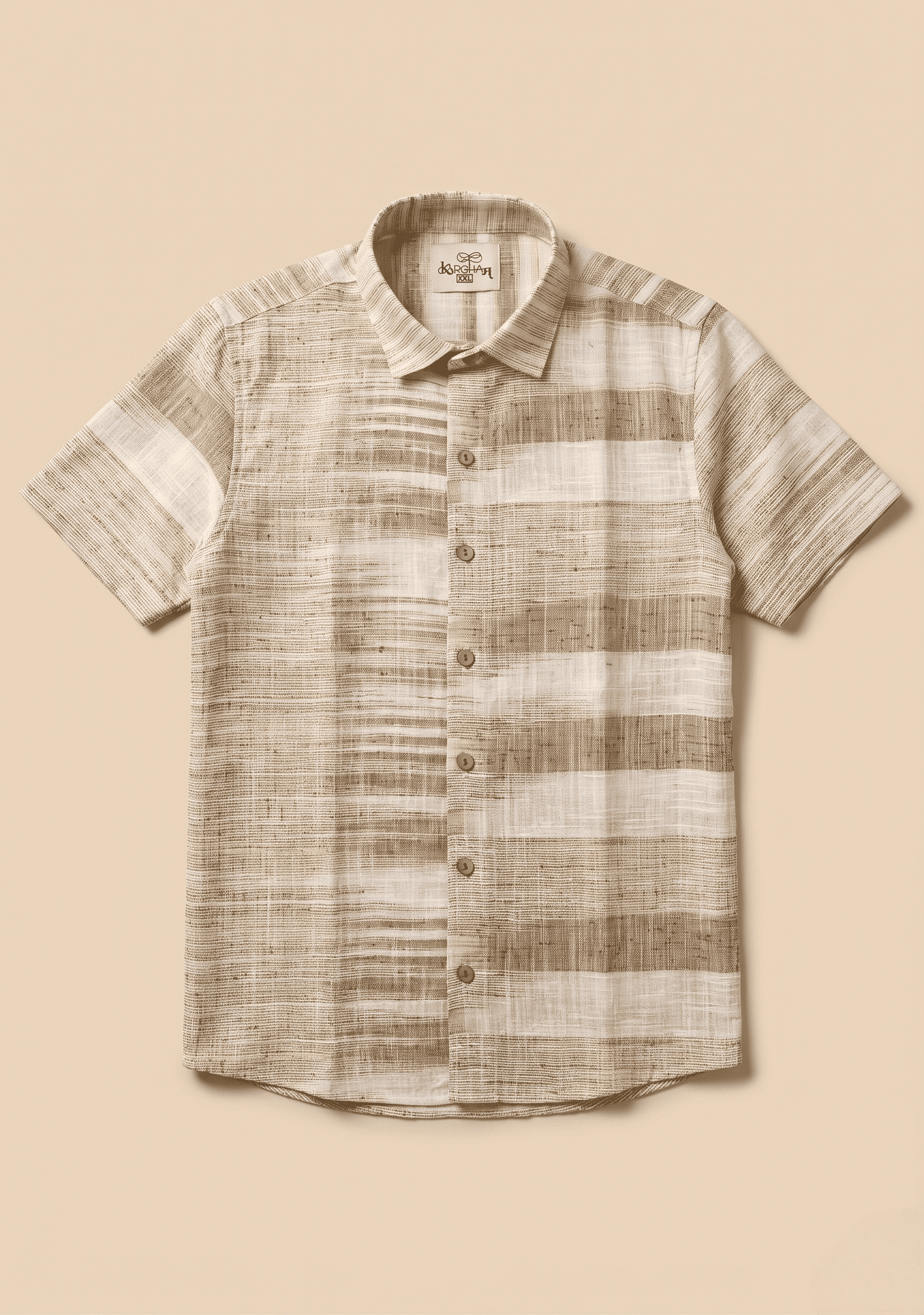 Kargham Ultra Premium Handwoven Zebra Sand Beige Stripe Cotton Half Sleeves Shirt