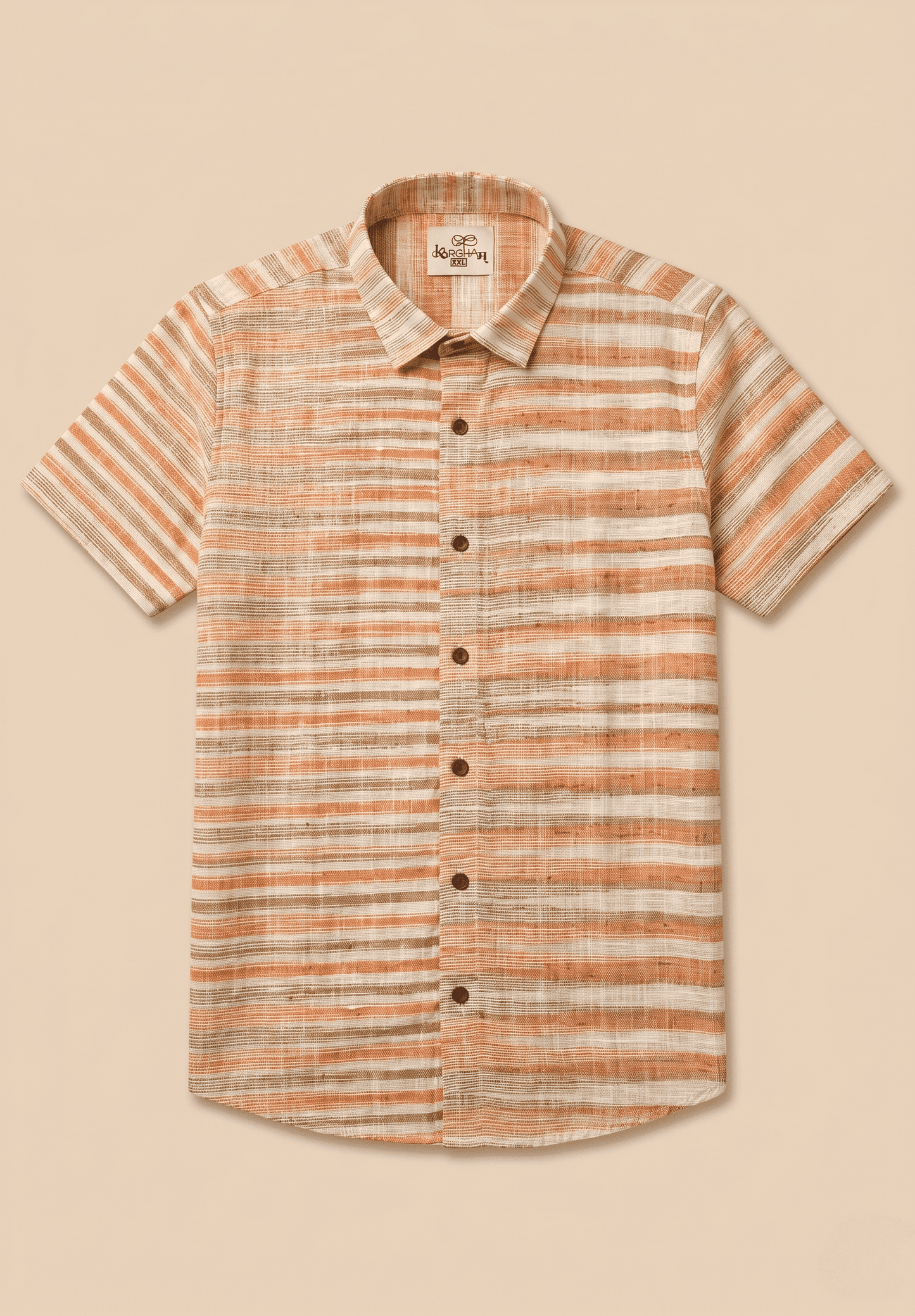 Kargham Ultra Premium Handwoven Zebra Peach Stripe Cotton Half Sleeves Shirt