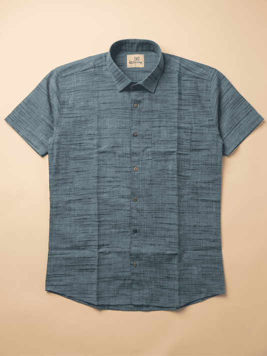 Steel Blue Dark Jharna Breathable Handloom Cotton Half Sleeve Shirt for Men | Kargham