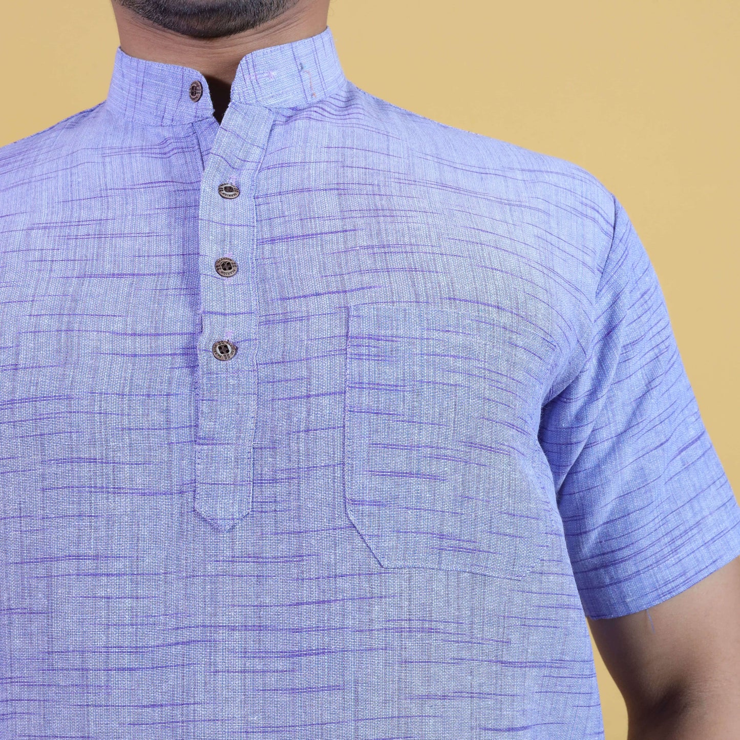 Men’s Blue Khadi Cotton Kurta Pant Combo Close-Up Design