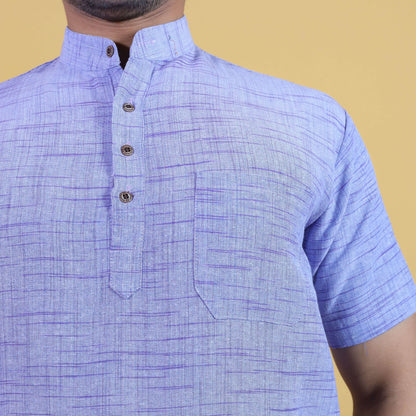 Men’s Blue Khadi Cotton Kurta Pant Combo Close-Up Design