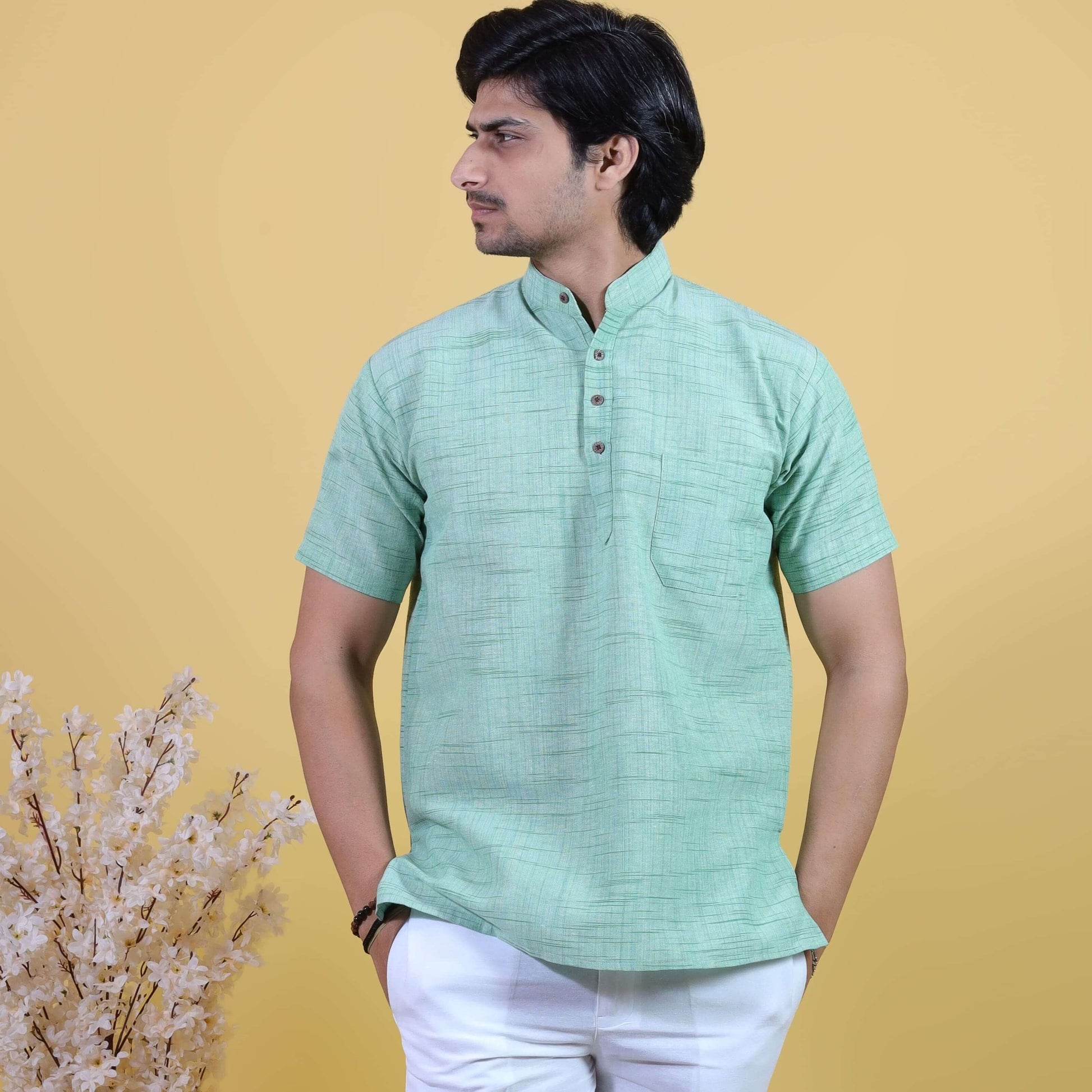 Men’s Half Sleeves Green Jharna Short Kurta Pant Combo Set front view