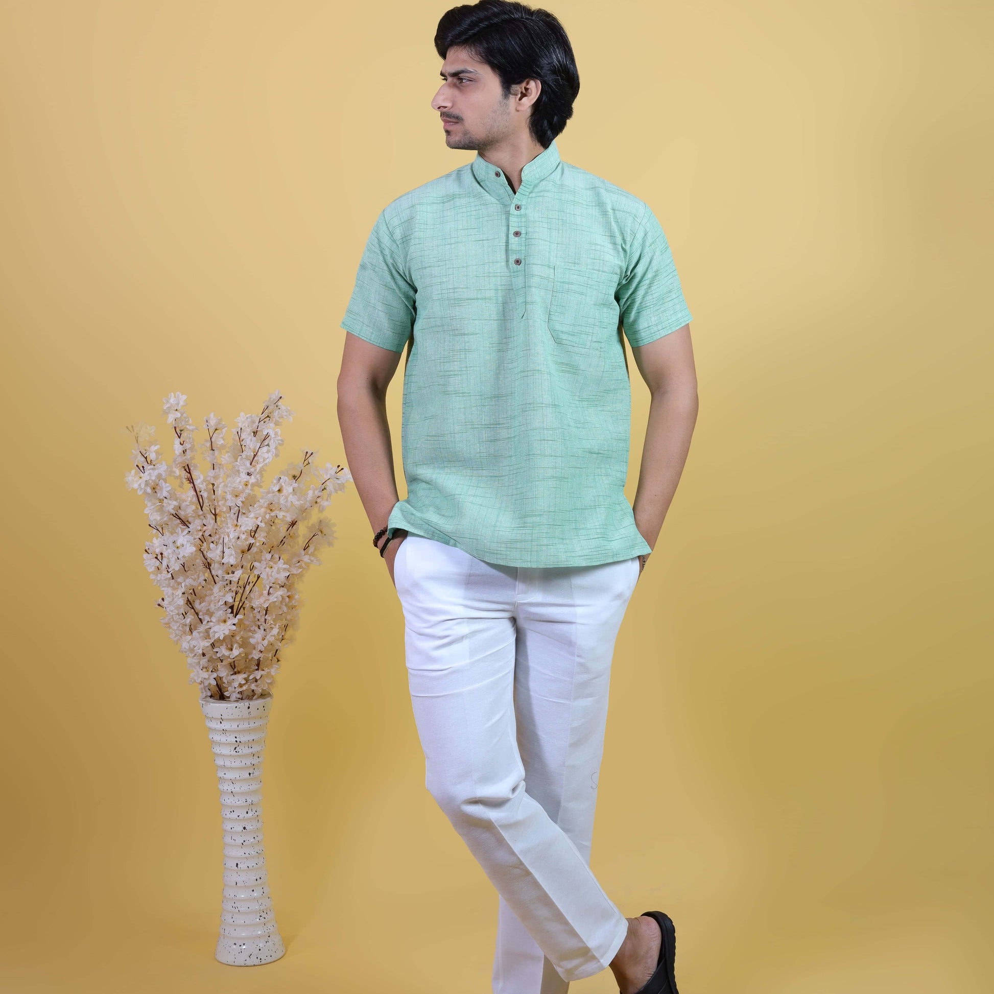 Green kurta white pant combo set for men full look