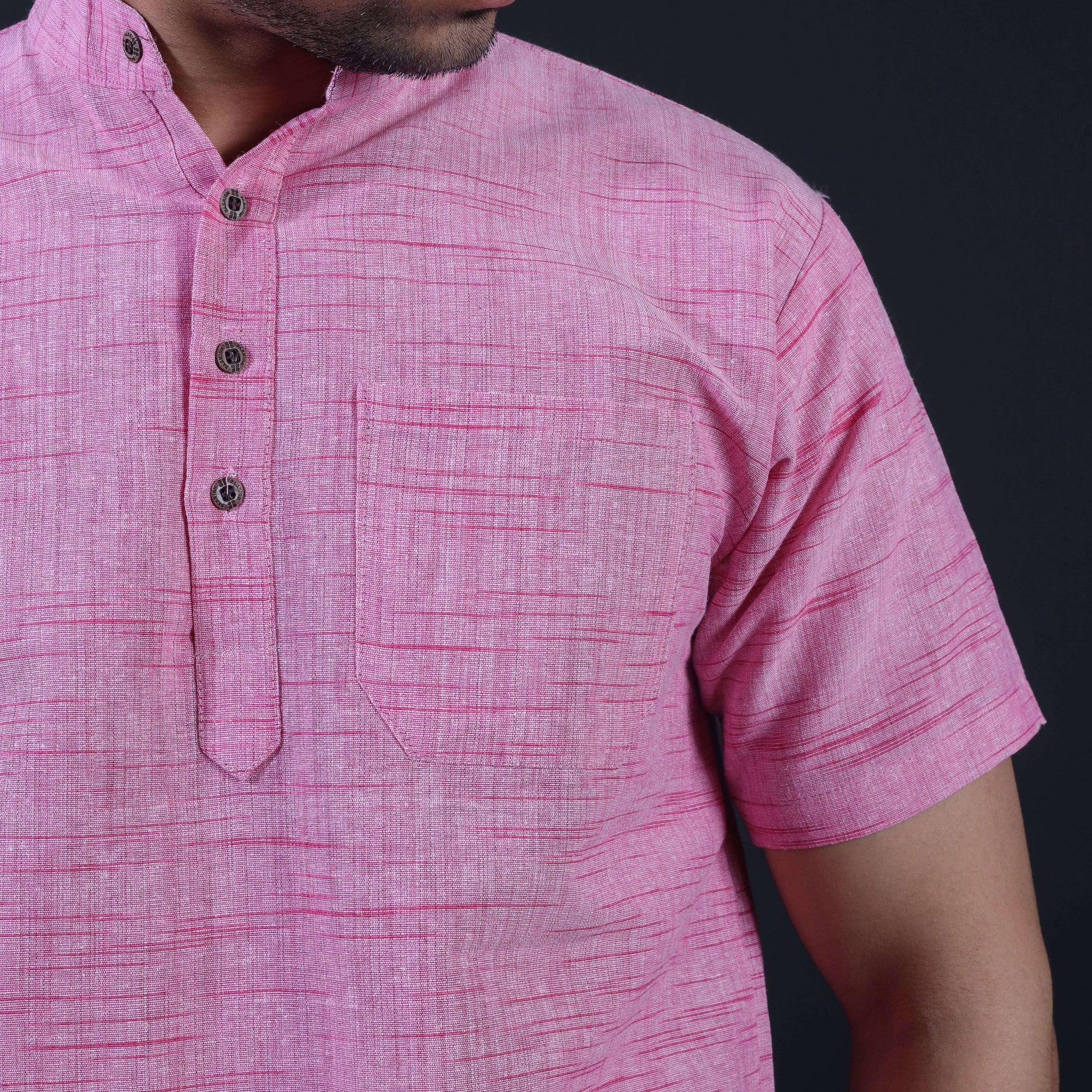 Half sleeves Pink Jharna Texture Khadi Cotton Kurta Close-Up for Men