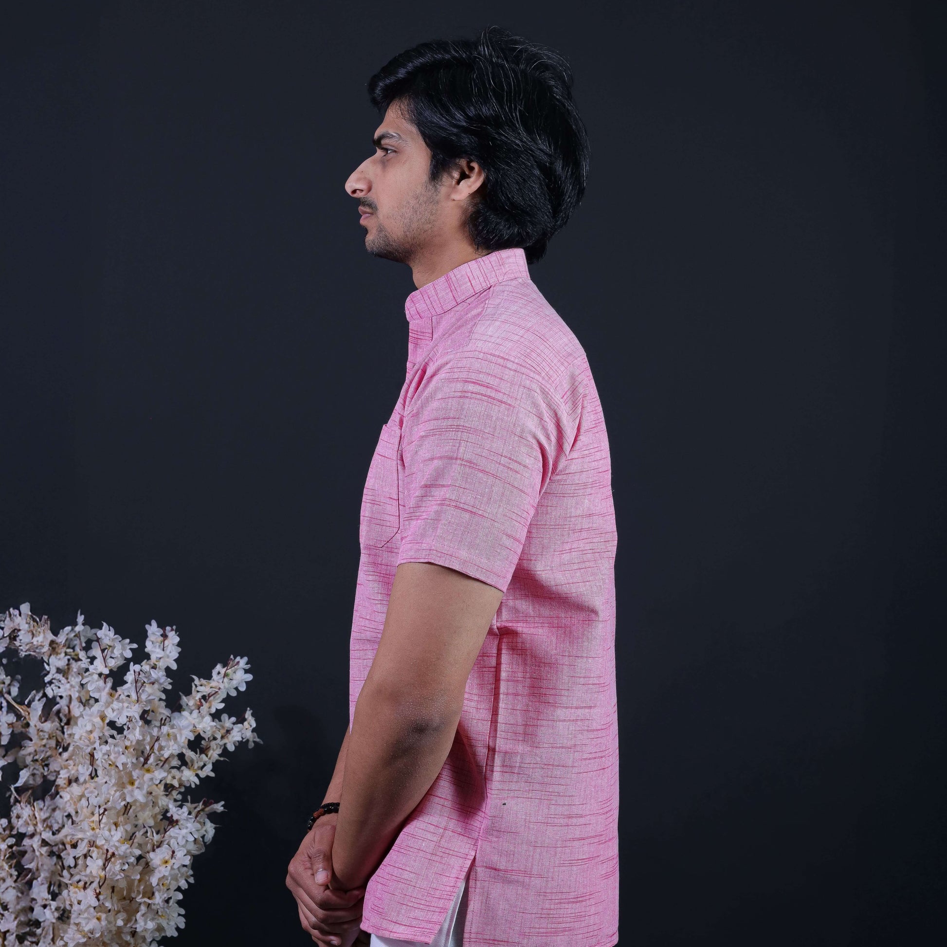 Side View of Pink Half Sleeves Short Kurta for Men