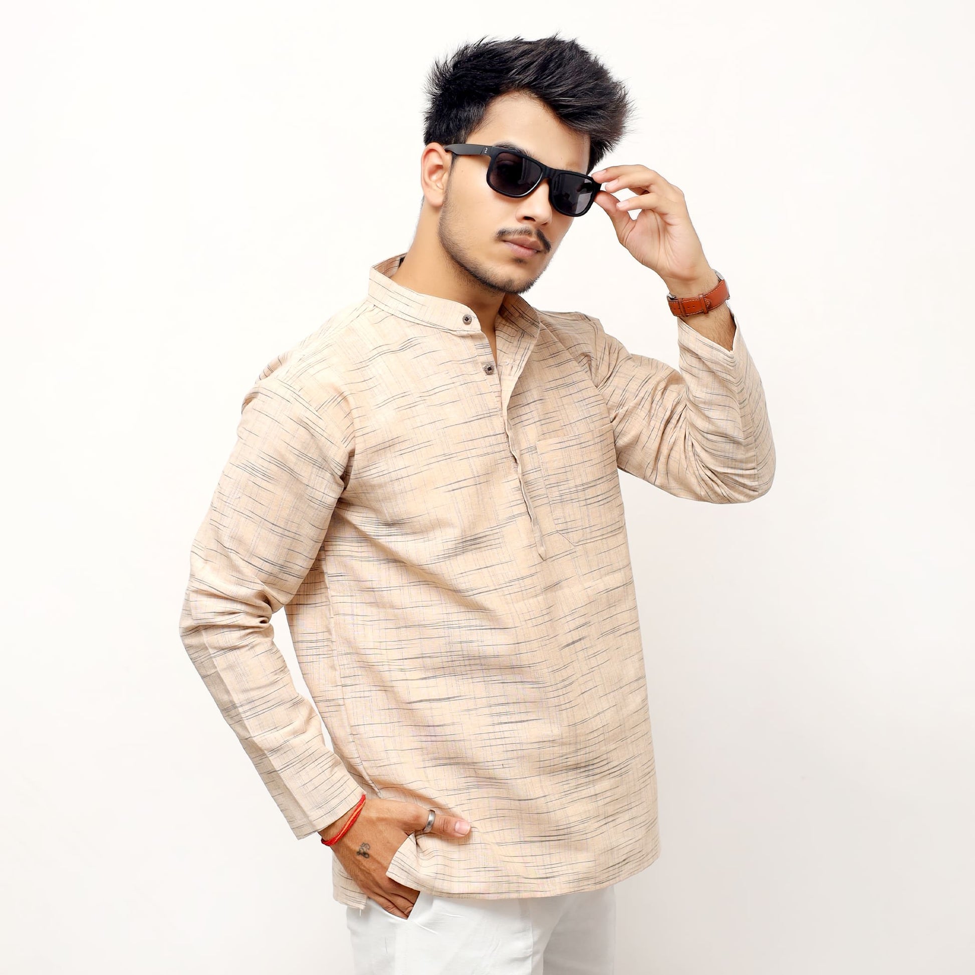 Beige textured Jharna Full Sleeves Khadi Cotton Short Kurta front pose