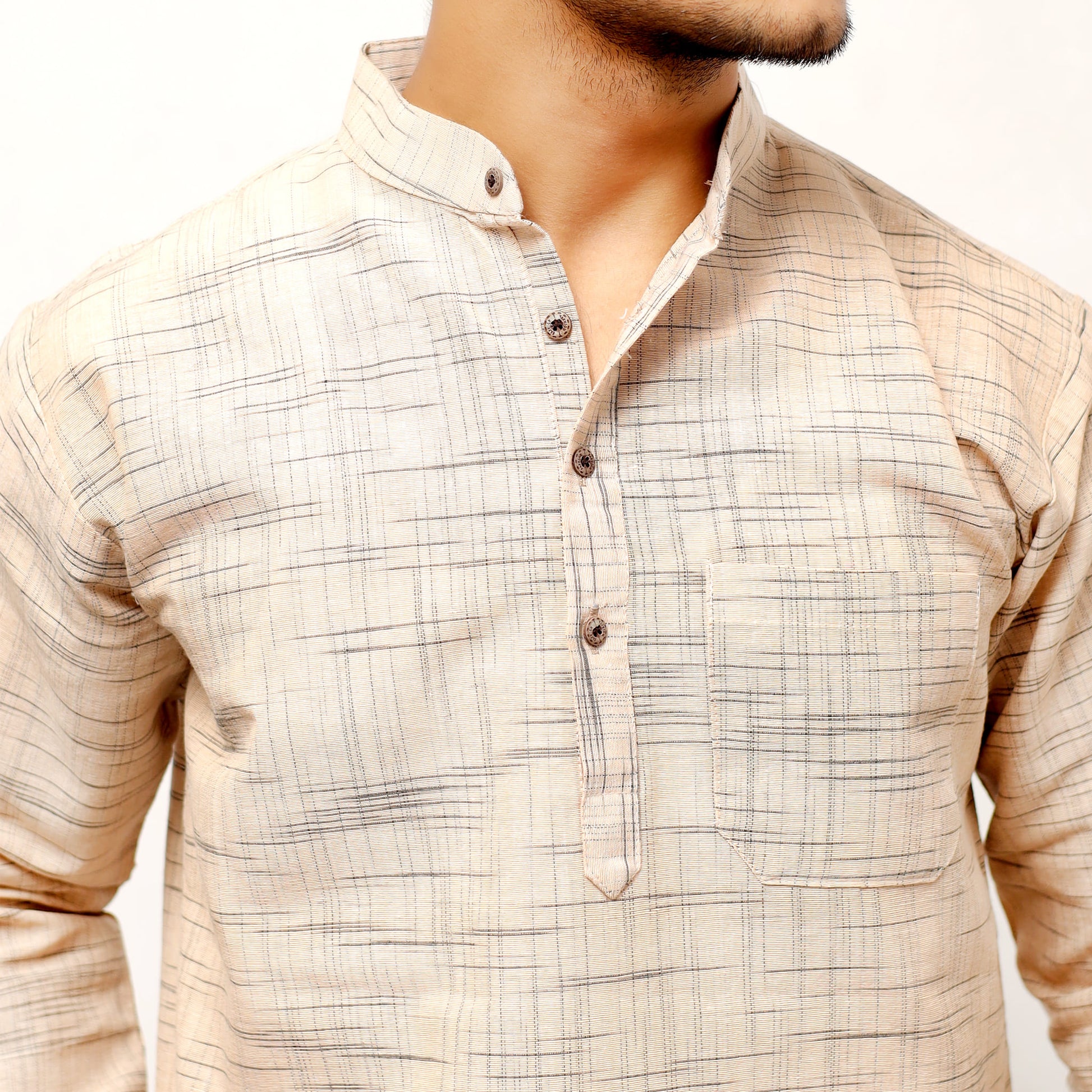 Closeup texture of beige Jharna khadi cotton short kurta collar design