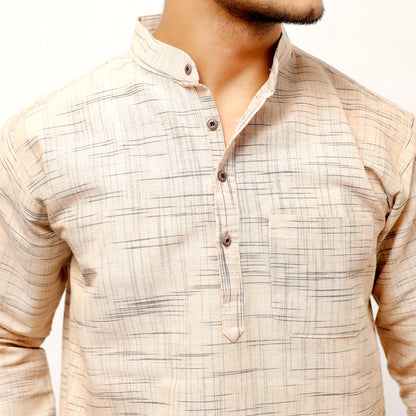 Closeup texture of beige Jharna khadi cotton short kurta collar design