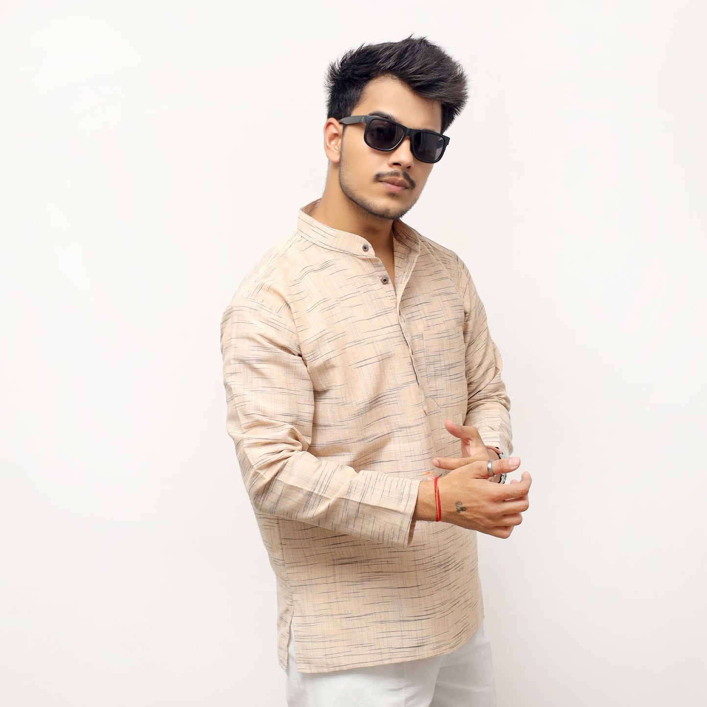 Side angle beige khadi cotton short kurta for men regular wear