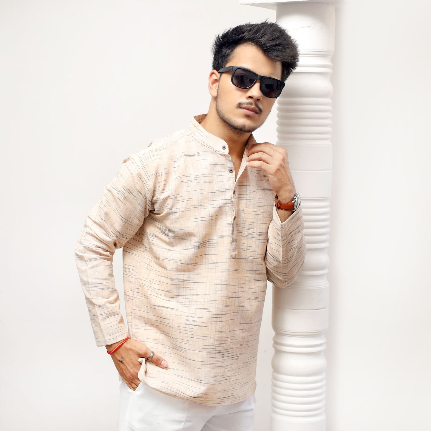Stylish beige full sleeves khadi cotton kurta casual ethnic wear