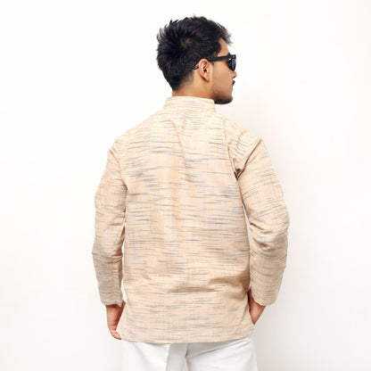 Back side view beige textured khadi cotton short kurta for men