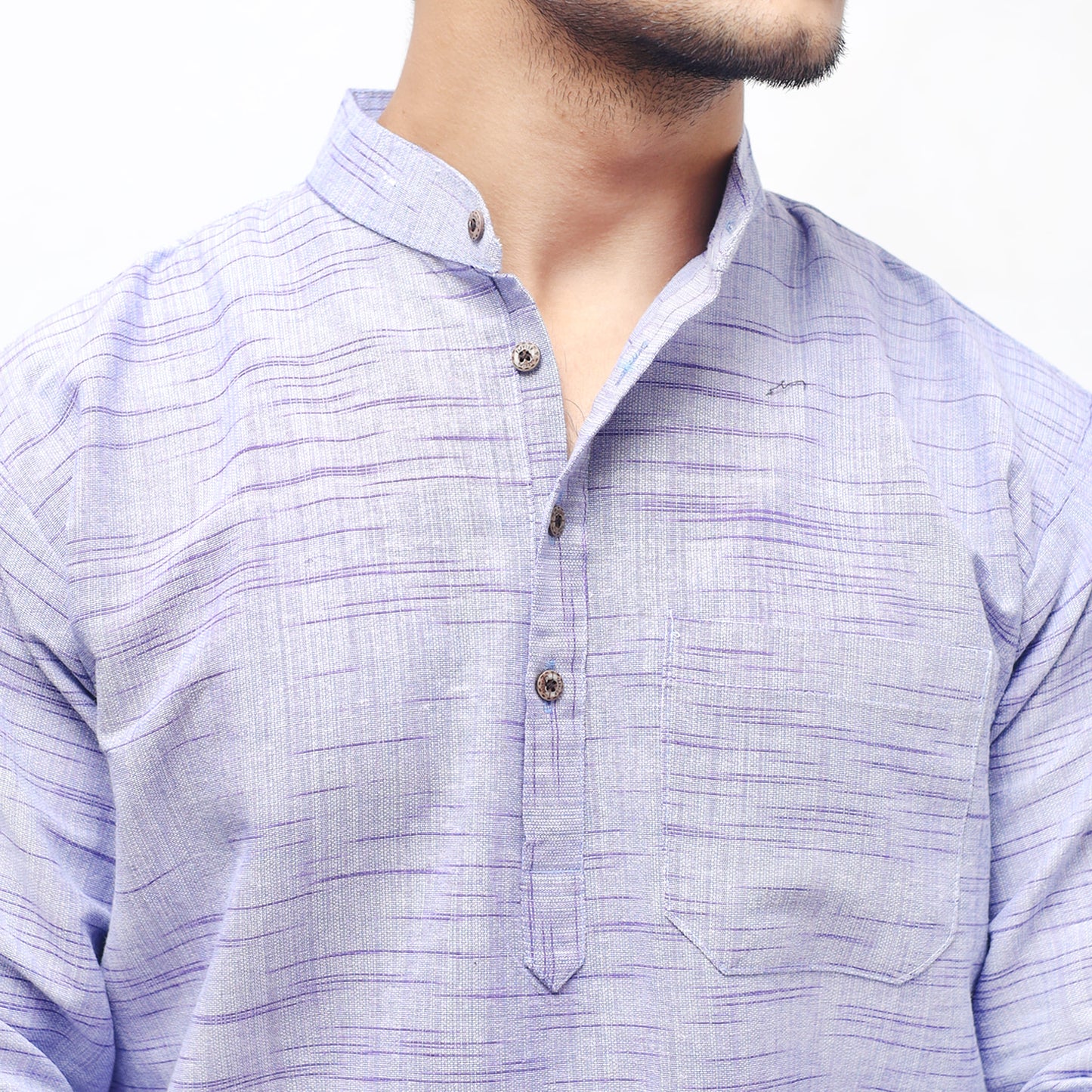 Blue textured Jharna Full Sleeves Khadi Cotton Short Kurta front close-up