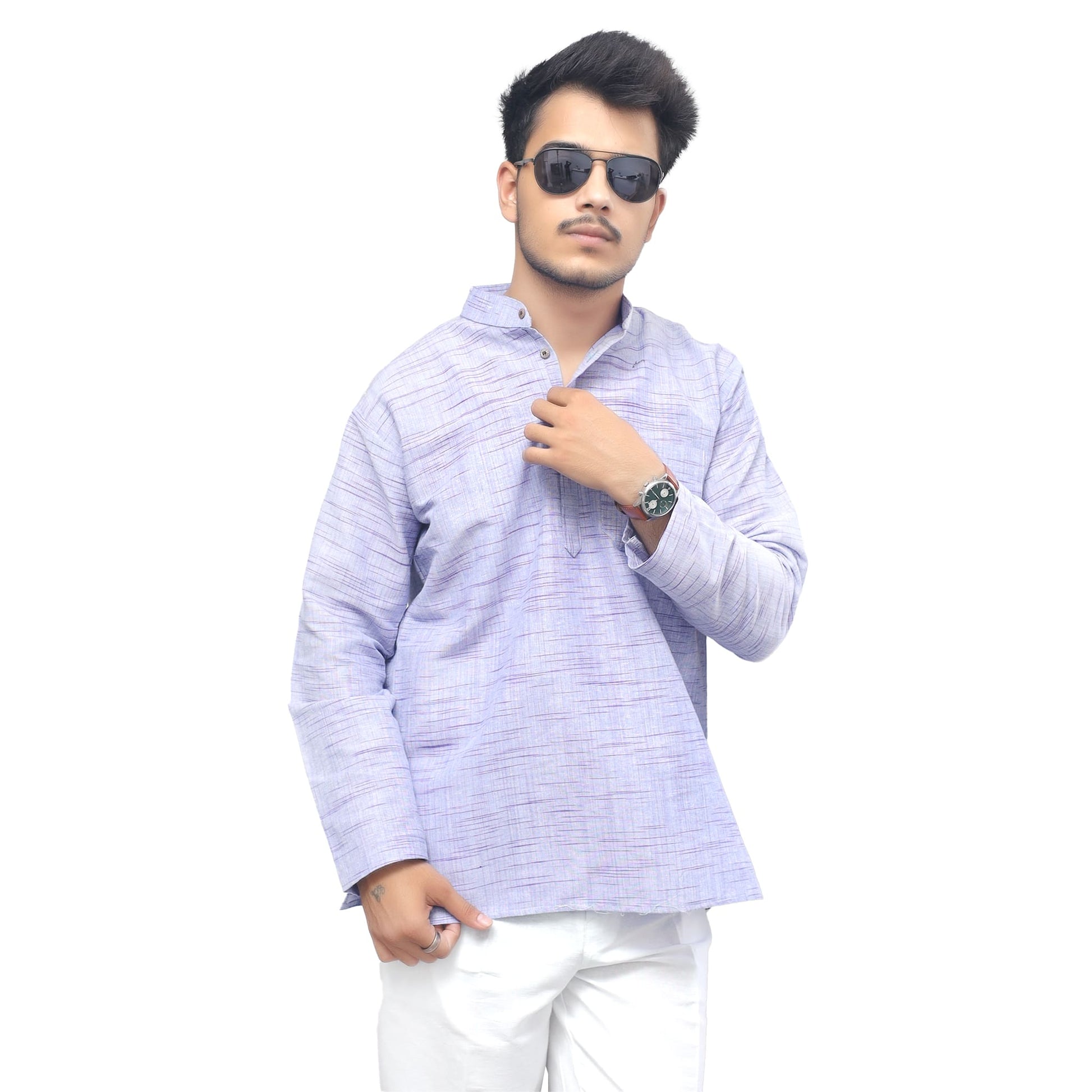 Men’s blue khadi cotton short kurta full sleeves casual ethnic wear