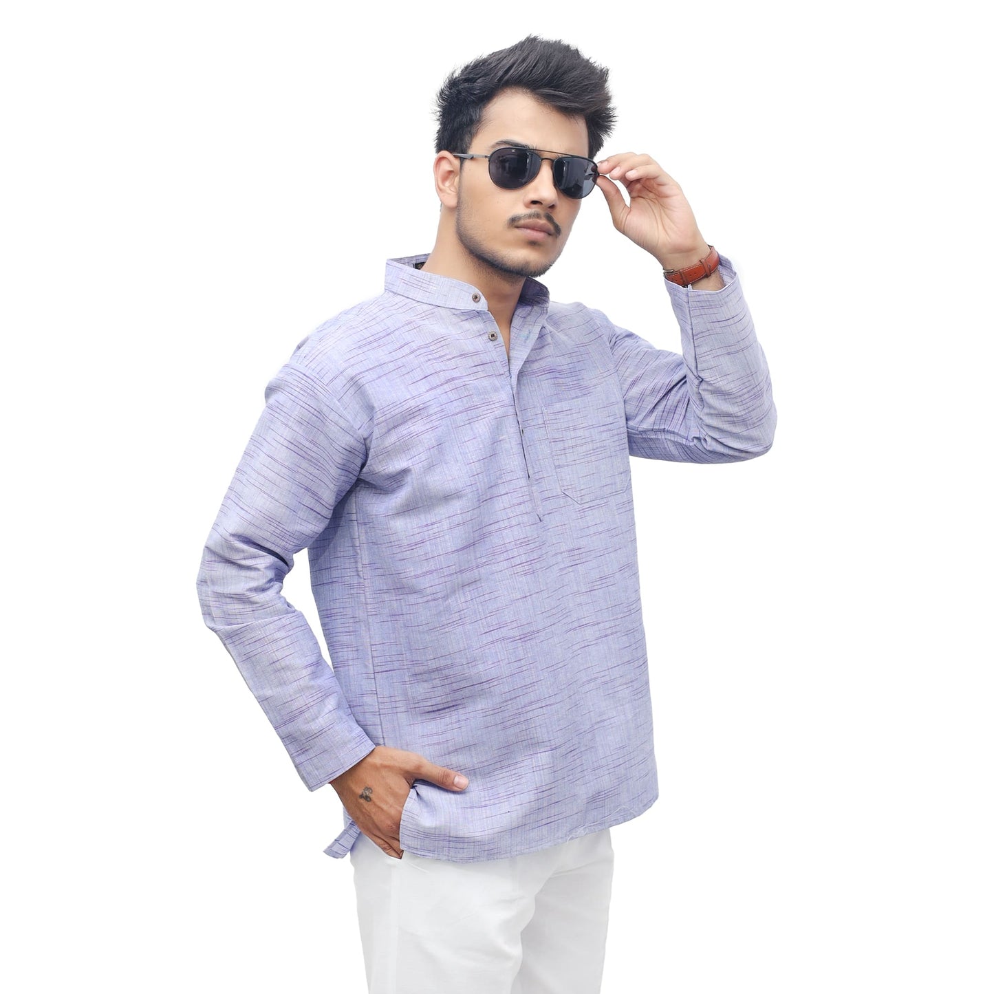 Blue textured Jharna short khadi cotton kurta with mandarin collar side pose